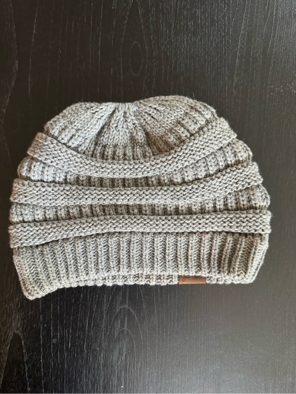 C.C Women’s Light Gray Textured Knit Beanie with Ponytail Opening